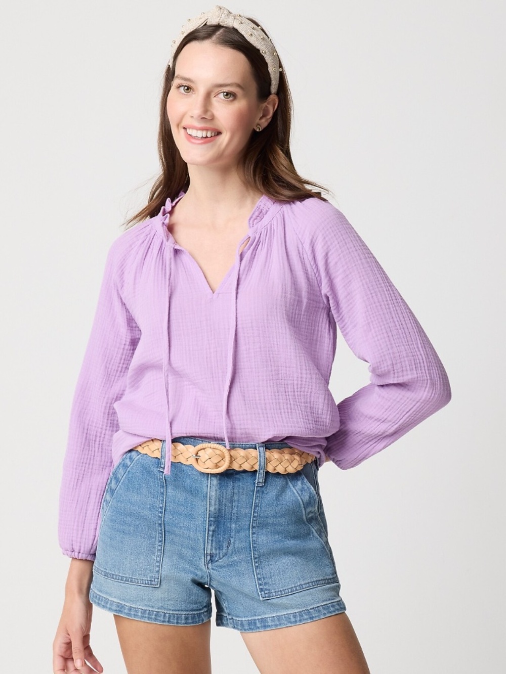 NWT J.Crew Factory Petite Long-sleeve Gauze Tie-neck Top